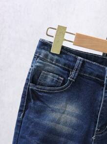 Pantalones cortos casuales juveniles de estilo bohemio y vintage con ruedo doblado destruido y cintura elástica ajustable de mezclilla elástica para uso diario en la calle - Azul lavado oscuro - Ver 3