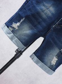 Pantalones cortos casuales juveniles de estilo bohemio y vintage con ruedo doblado destruido y cintura elástica ajustable de mezclilla elástica para uso diario en la calle - Azul lavado oscuro - Ver 5