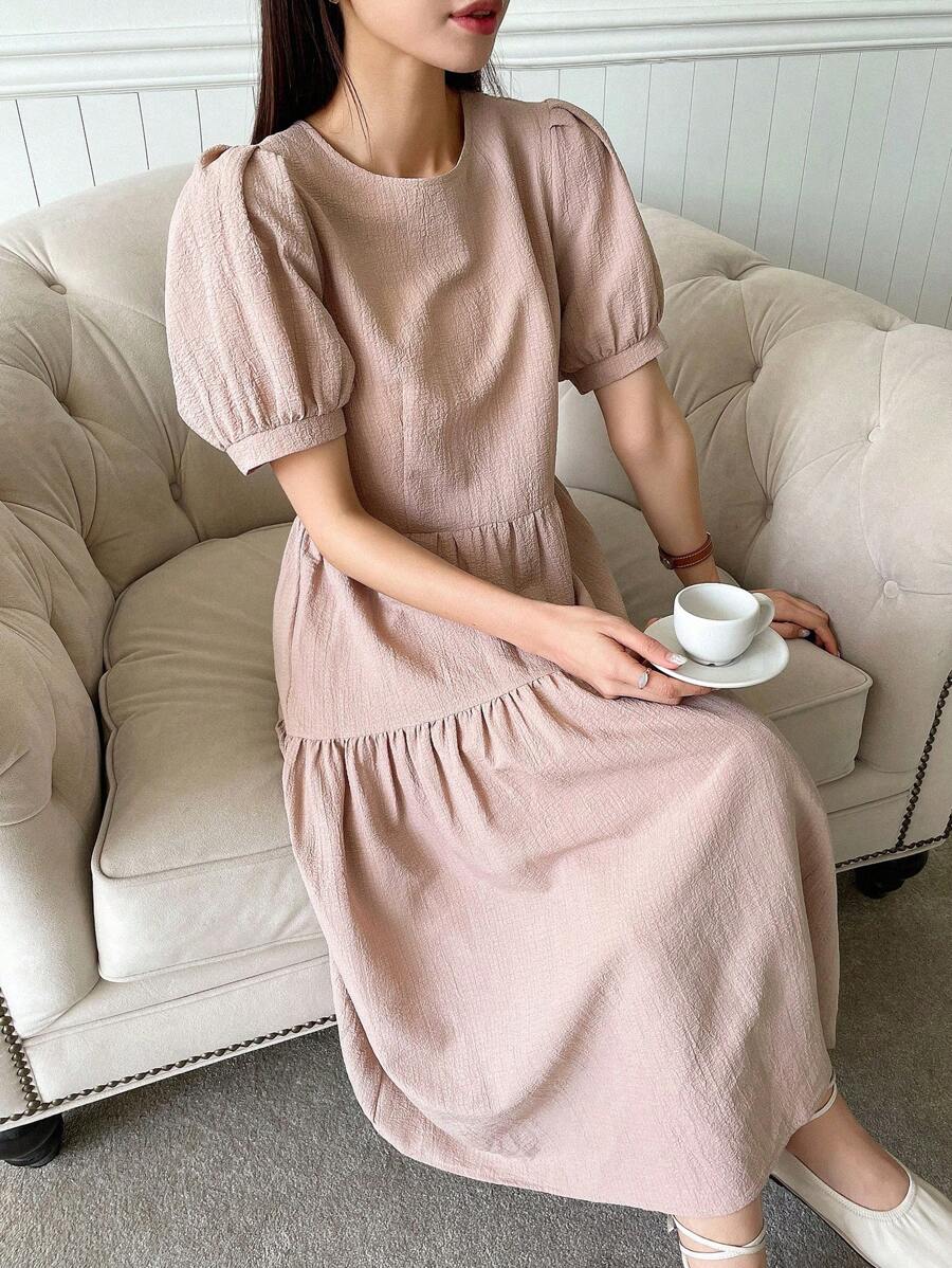 DAZY 泡泡袖荷葉邊寬鬆洋裝 - 淺粉色 - 查看 1