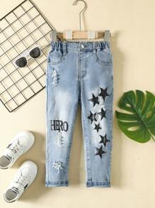 Toddler Boys Star & Letter Graphic Ripped Frayed Straight Leg Jeans - Light Wash - View 1