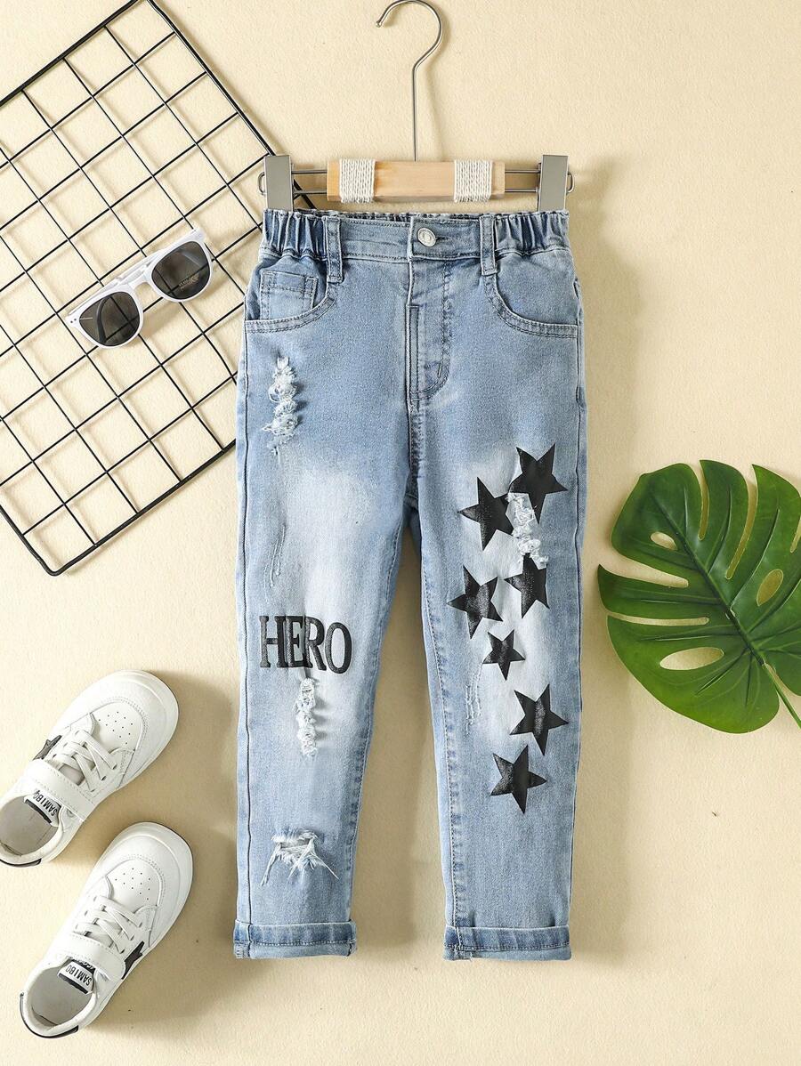 Toddler Boys Star & Letter Graphic Ripped Frayed Straight Leg Jeans - Light Wash - View 1