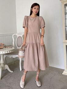 DAZY 泡泡袖荷葉邊寬鬆洋裝 - 淺粉色 - 查看 3