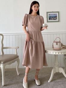 DAZY 泡泡袖荷葉邊寬鬆洋裝 - 淺粉色 - 查看 4