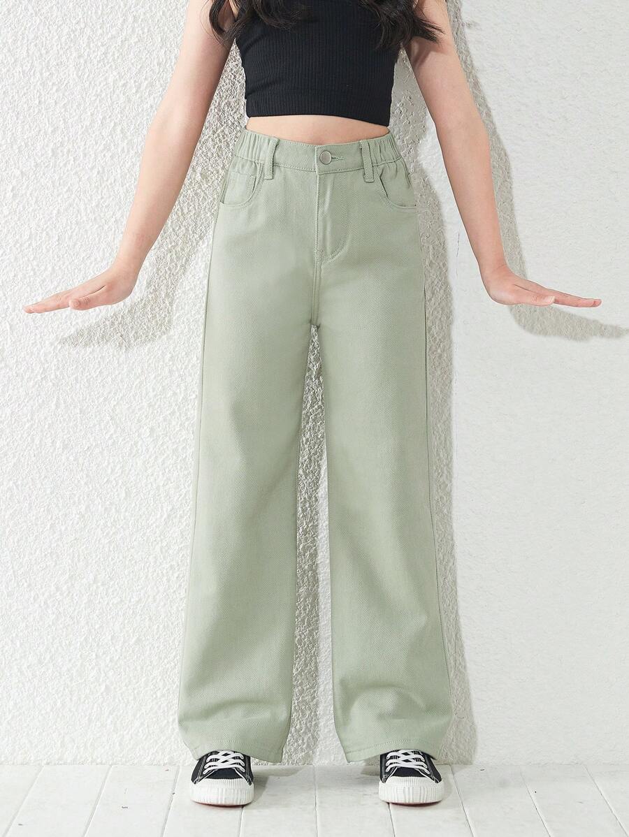 SHEIN Tween Girl Y2K Street Daily Elastic Waist Straight Jeans With Flat Pockets, Girls Daily OOTD Outfits - Mint Green - View 1