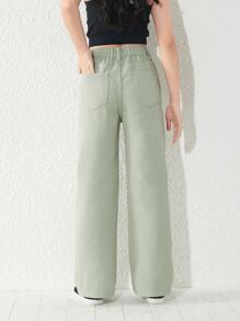 SHEIN Tween Girl Y2K Street Daily Elastic Waist Straight Jeans With Flat Pockets, Girls Daily OOTD Outfits - Mint Green - View 2