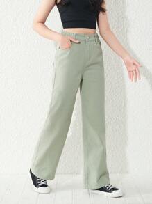 SHEIN Tween Girl Y2K Street Daily Elastic Waist Straight Jeans With Flat Pockets, Girls Daily OOTD Outfits - Mint Green - View 3