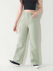 SHEIN Tween Girl Y2K Street Daily Elastic Waist Straight Jeans With Flat Pockets, Girls Daily OOTD Outfits - Mint Green - View 4
