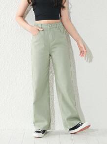 SHEIN Tween Girl Y2K Street Daily Elastic Waist Straight Jeans With Flat Pockets, Girls Daily OOTD Outfits - Mint Green - View 5