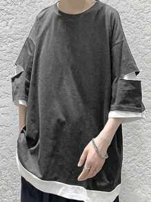 Manfinity Hypemode Lỏng lẻo phù hợp Nam Cắt ra Thả vai Tee 2 trong1 - Màu xám đen - Xem 1