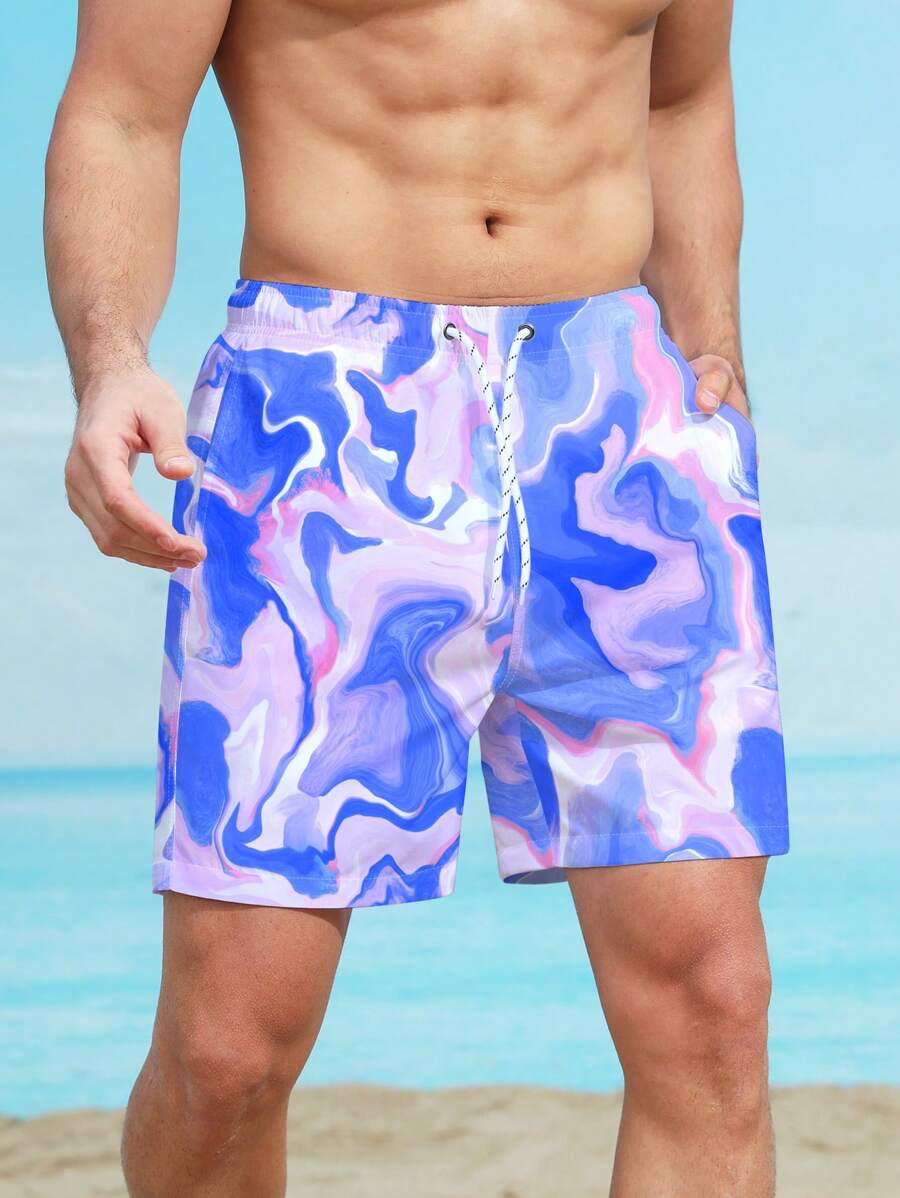 Manfinity 男士大理石圖案腰部抽繩泳褲 - 彩色 - 查看 1