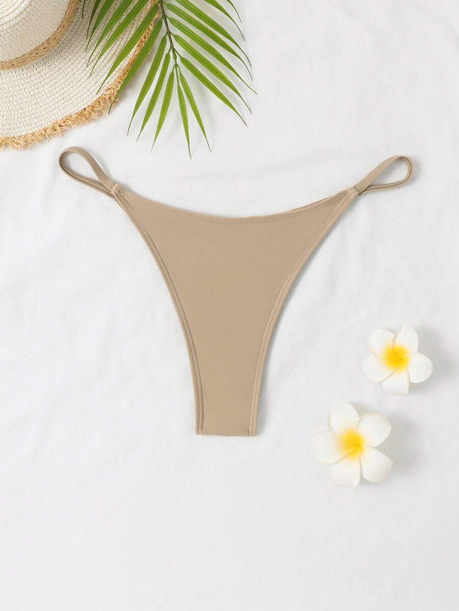 SHEIN Swim 素色丁字褲泳衣下裝 - 杏色 - 查看 1