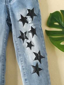 Toddler Boys Star & Letter Graphic Ripped Frayed Straight Leg Jeans - Light Wash - View 7