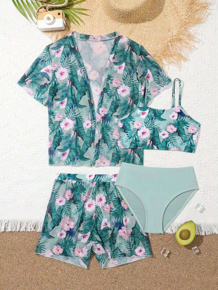 Tween Girl Tropical Print Bikini Set With Kimono Summer Beach - Green - View 1