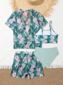 Tween Girl Tropical Print Bikini Set With Kimono Summer Beach - Green - View 2
