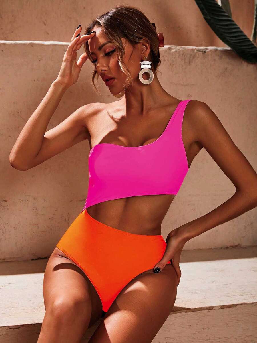 Swim Vcay Traje de baño de una pieza con corte de dos tonos y corte lateral con un solo hombro para la playa de verano - Rosa Fucsia - Ver 1