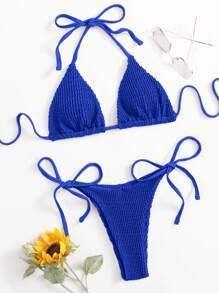 SHEIN Swim Summer Beach Smocked Triangle Tie Side Bikini Set - Royal Blue - View 1