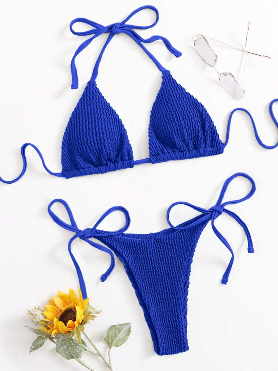 SHEIN Swim Summer Beach Smocked Triangle Tie Side Bikini Set - Royal Blue - View 1