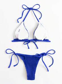 SHEIN Swim Summer Beach Smocked Triangle Tie Side Bikini Set - Royal Blue - View 2