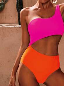 Swim Vcay Traje de baño de una pieza con corte de dos tonos y corte lateral con un solo hombro para la playa de verano - Rosa Fucsia - Ver 3