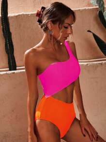 Swim Vcay Traje de baño de una pieza con corte de dos tonos y corte lateral con un solo hombro para la playa de verano - Rosa Fucsia - Ver 4