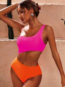 Swim Vcay Traje de baño de una pieza con corte de dos tonos y corte lateral con un solo hombro para la playa de verano - Rosa Fucsia - Ver 5