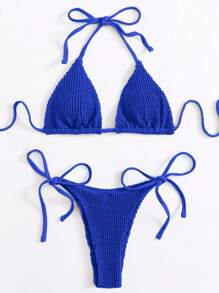 SHEIN Swim Summer Beach Smocked Triangle Tie Side Bikini Set - Royal Blue - View 3