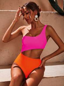 Swim Vcay Traje de baño de una pieza con corte de dos tonos y corte lateral con un solo hombro para la playa de verano - Rosa Fucsia - Ver 6