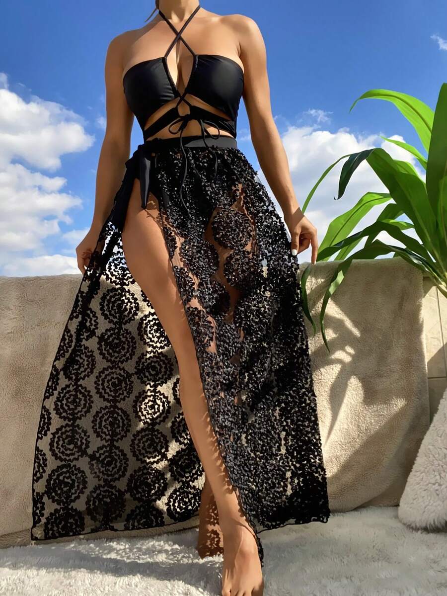 Criss Cross Halter Summer Beach Bikini Set With Beach Skirt - Black - View 1