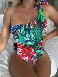 Tropical & Floral Print One Shoulder One Piece Swimsuit - Green - View 3