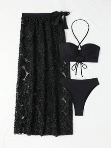 Criss Cross Halter Summer Beach Bikini Set With Beach Skirt - Black - View 4