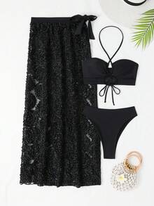 Criss Cross Halter Summer Beach Bikini Set With Beach Skirt - Black - View 6