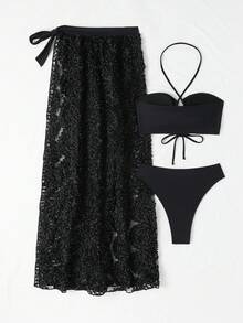 Criss Cross Halter Summer Beach Bikini Set With Beach Skirt - Black - View 7