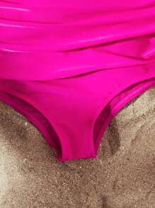 Swim Lushoire Summer Beach Ruched High Waisted Bikini Bottom - Hot Pink - View 4