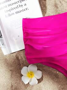 Swim Lushoire Summer Beach Ruched High Waisted Bikini Bottom - Hot Pink - View 5