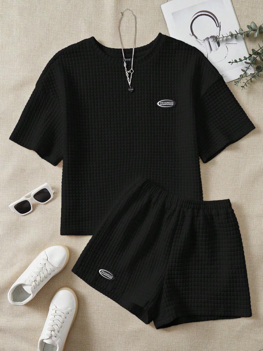 SHEIN EZwear 字母貼布落肩T恤和短褲 - 黑色 - 查看 1