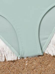 Tween Girl Tropical Print Bikini Set With Kimono Summer Beach - Green - View 3