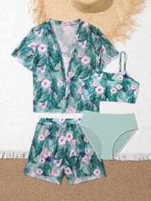 Tween Girl Tropical Print Bikini Set With Kimono Summer Beach - Green - View 4