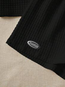 SHEIN EZwear 字母貼布落肩T恤和短褲 - 黑色 - 查看 4