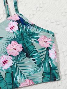 Tween Girl Tropical Print Bikini Set With Kimono Summer Beach - Green - View 5