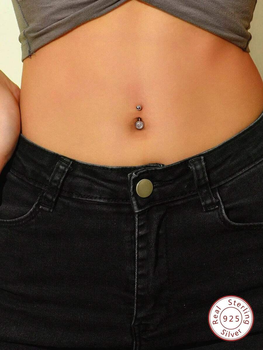 方晶鋯石裝飾銀臍環 - 銀色 - 查看 1