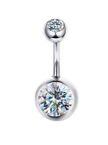 方晶鋯石裝飾銀臍環 - 銀色 - 查看 2