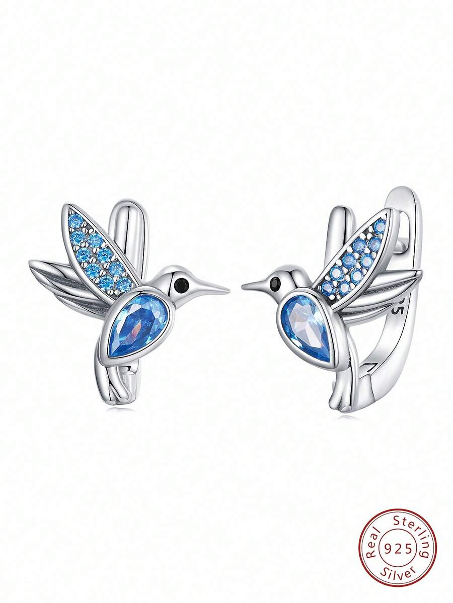 1對藍色流行耳釘適合女士S925純銀精細首飾類日常穿著禮物