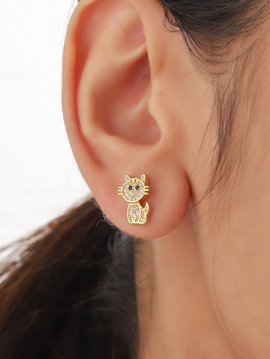 Bông tai stud Khối Zirconia  Thiết kế mèo - Vàng - Xem 1