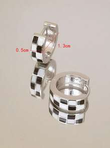 棋盤格圖案圓耳環 - 銀色 - 查看 4