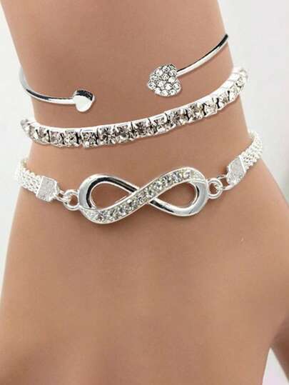 17KM 3pcs Rhinestone Heart & Infinity Decor Bracelet