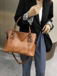 简约时尚带扣细节单肩手提包潮流钱包套装，引人注目的女士工作包