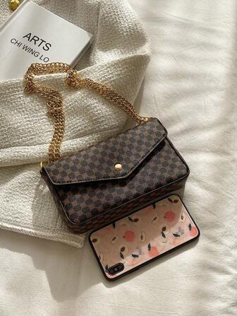 Old Money Style, Classic Monogram Patterned Women's Crossbody Chain Bag For Teen Girls Women College Students,Rookies & White-Collar Workers Perfect For Office,College,Work ,Business,Commute