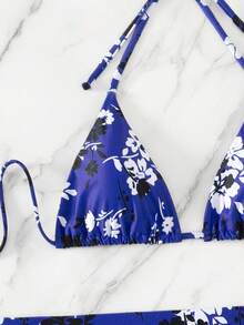 Bộ Bikini Nữ Thắt nút Xù Buộc lại Hoa Tất cả trên in - Màu xanh lam - Xem 3