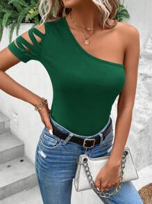 SHEIN LUNE Criss Cross One Shoulder Tee - Dark Green - View 3