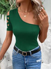 SHEIN LUNE Criss Cross One Shoulder Tee - Dark Green - View 4